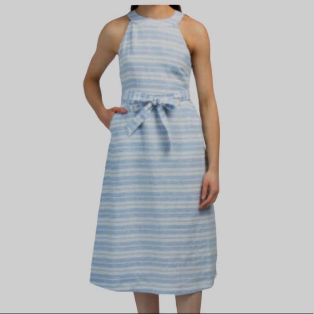 SIGRID OLSEN LINEN STRIPE CALF LENGTH HALTER TOP SUMMER DRESS WITH POCKETS SZ 8